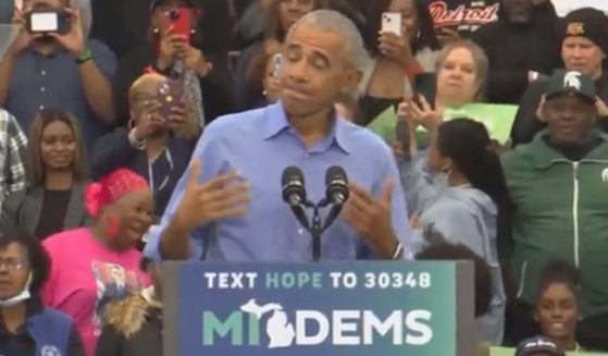 Former President Barack Obama after being disrupted by a heckler on Saturday.