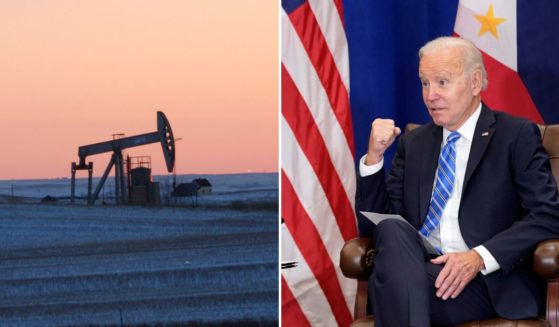 pump jack for pulling oil from the ground next to a picture of Joe Biden looking a little confused