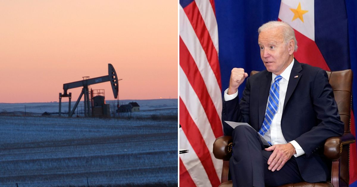 pump jack for pulling oil from the ground next to a picture of Joe Biden looking a little confused