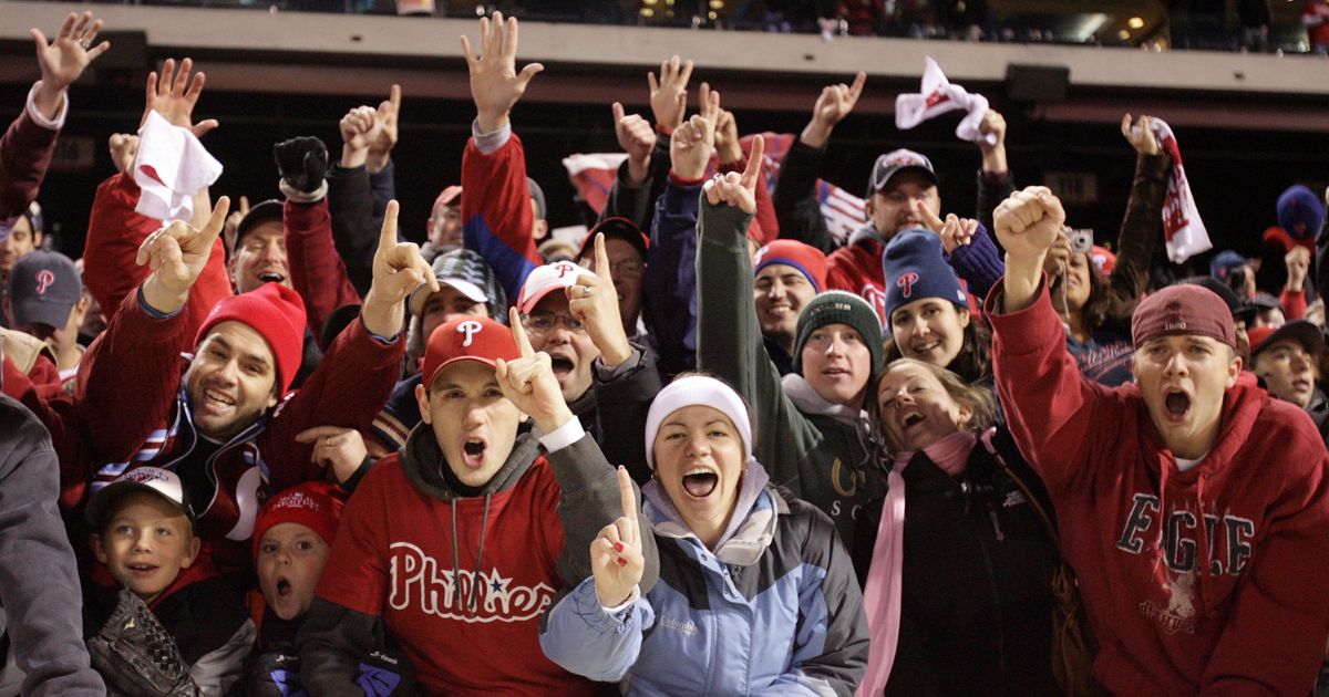 Fans of the Philadelphia Phillies celebrate their 4-3 win to win the World Series against the Tampa Bay Rays during the continuation of game five of the 2008 MLB World Series on October 29, 2008 at Citizens Bank Park in Philadelphia.