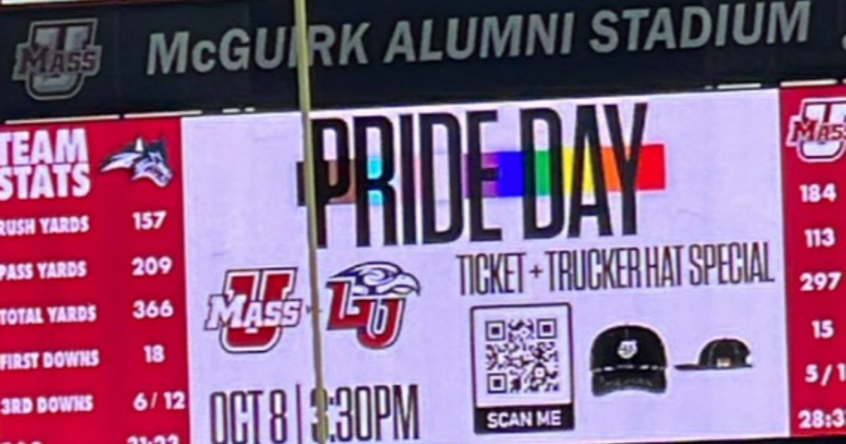 The UMass scoreboard showing a promotion for "Pride Day