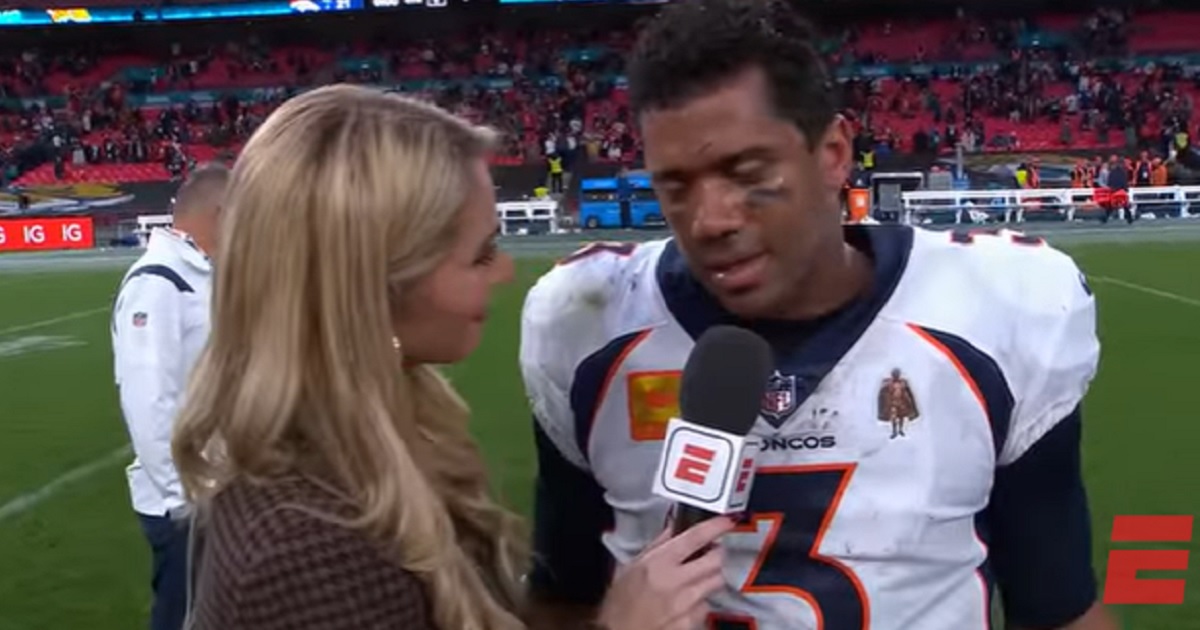 Denver Broncos quarterback Russell Wilson is interviewed after the team's win over the Jacksonville Jaguars in London on Sunday.