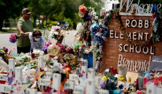 A memorial for the victims of the May mass shooting at Robb Elementary School in Uvalde, Texas, is pictured in a June photo.