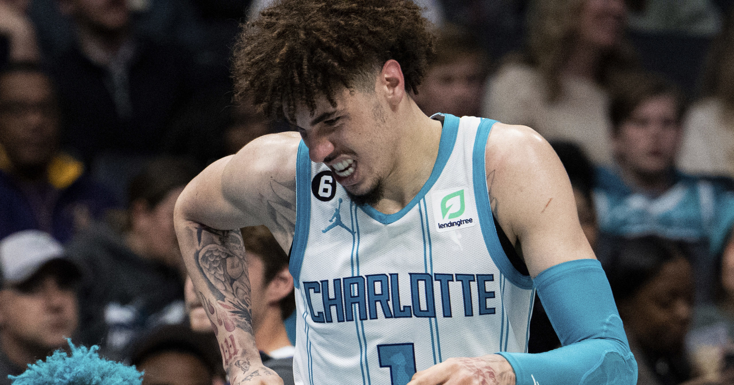 Charlotte Hornets guard LaMelo Ball reacts after being shaken up on a play during the second half of the team's NBA basketball game against the Indiana Pacers in Charlotte, North Carolina, on Wednesday.