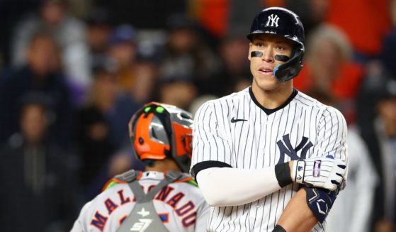 Aaron Judge of the New York Yankees reacts after striking out to end the sixth inning of Game 4 of the American League Championship Series against the Houston Astros at Yankee Stadium in the Bronx on Oct. 23. The Astros swept the Yankees and went on to win the World Series against the Philadelphia Phillies.