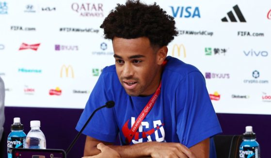 Tyler Adams of the U.S. men's soccer team speaks during a news conference at Main Media Center in Doha, Qatar, on Monday.