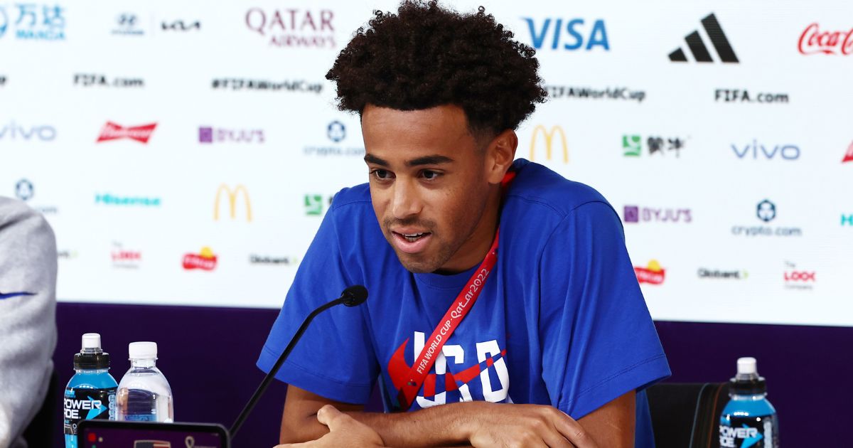 Tyler Adams of the U.S. men's soccer team speaks during a news conference at Main Media Center in Doha, Qatar, on Monday.