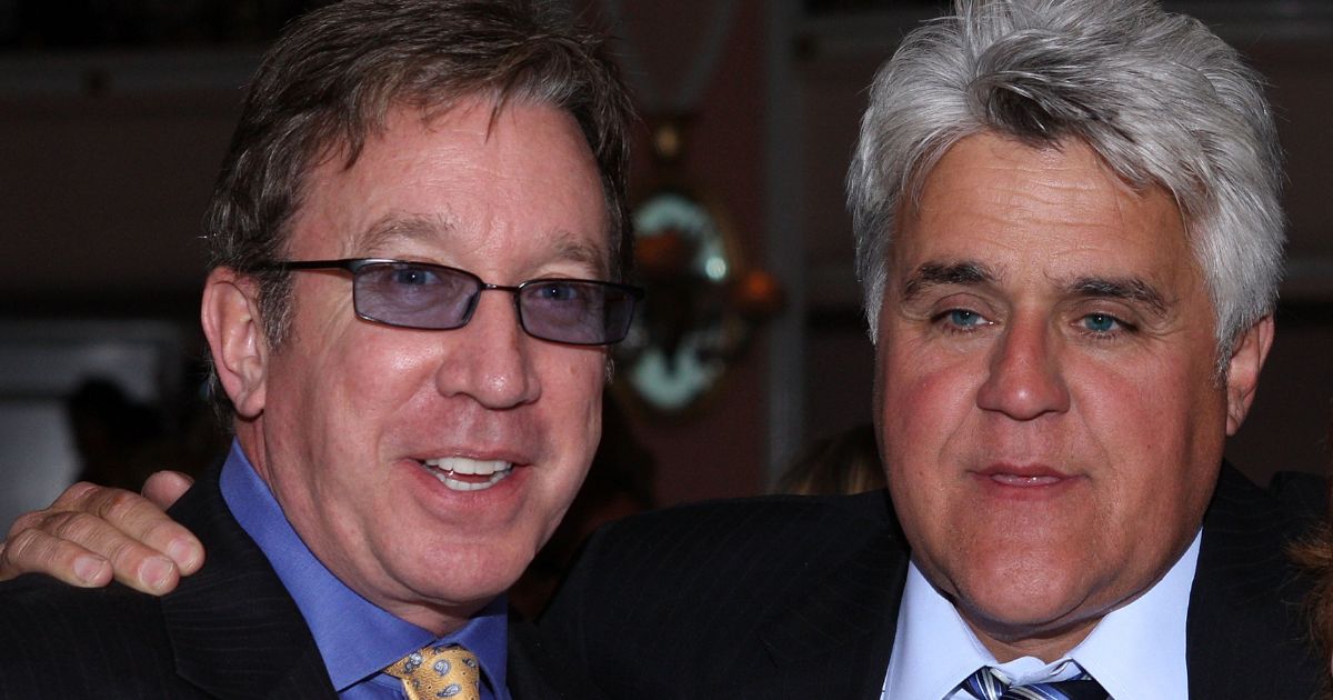 Tim Allen, left, and Jay Leno stand together during an event at the Beverly Hills Hotel in Beverly Hills, California, on April 29, 2009.