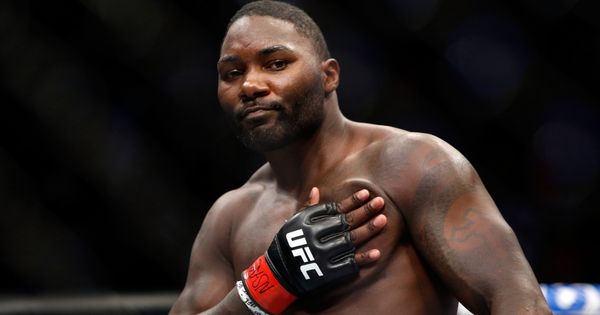UFC fighter Anthony "Rumble" Johnson celebrates after defeating Glover Teixeira by knockout at UFC 202 in Las Vegas, Nevada, on Aug. 20, 2016.