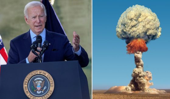 President Joe Biden speaks on Friday in Carlsbad, California. A nuclear explosion is seen in the stock image on the right.