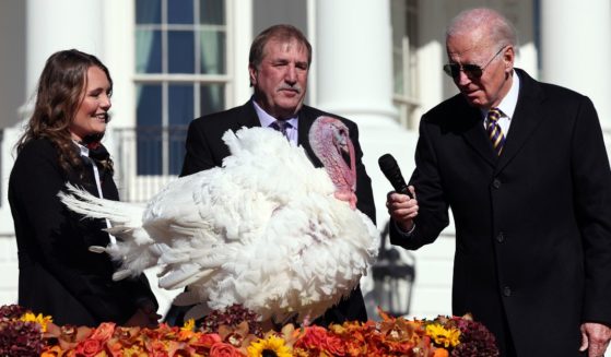 President Joe Biden pardons Chocolate, the National Thanksgiving Turkey, as he is joined by National Turkey Federation Chairman Ronnie Parker and Alexa Starnes, daughter of the owner of Circle S Ranch in North Carolina, on the South Lawn of the White House in Washington on Monday.