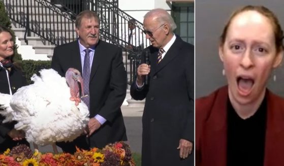President Joe Biden's comments while pardoning turkeys "Chocolate" and "Chip" on Monday on the South Lawn of the White House in Washington drew a surprised reaction from White House sign-language interpreter Elsie Stecker, right.