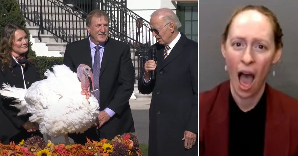 President Joe Biden's comments while pardoning turkeys "Chocolate" and "Chip" on Monday on the South Lawn of the White House in Washington drew a surprised reaction from White House sign-language interpreter Elsie Stecker, right.