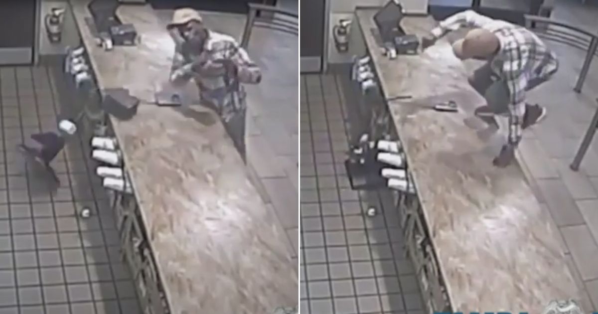 Surveillance video shows the man knocking a cash register to the floor, then jumping the counter.