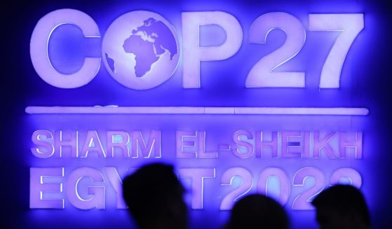 A sign is seen at the COP27 climate conference on Nov. 7 in Sharm El-Sheikh, Egypt.