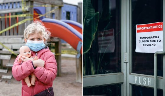 A young girl wears a mask on a playground, left, and a business is closed, right, due to COVID-19 policies that were enacted during the pandemic.