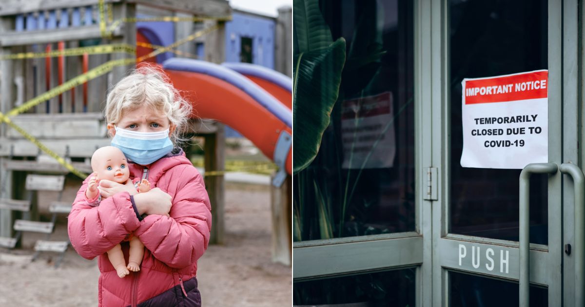 A young girl wears a mask on a playground, left, and a business is closed, right, due to COVID-19 policies that were enacted during the pandemic.