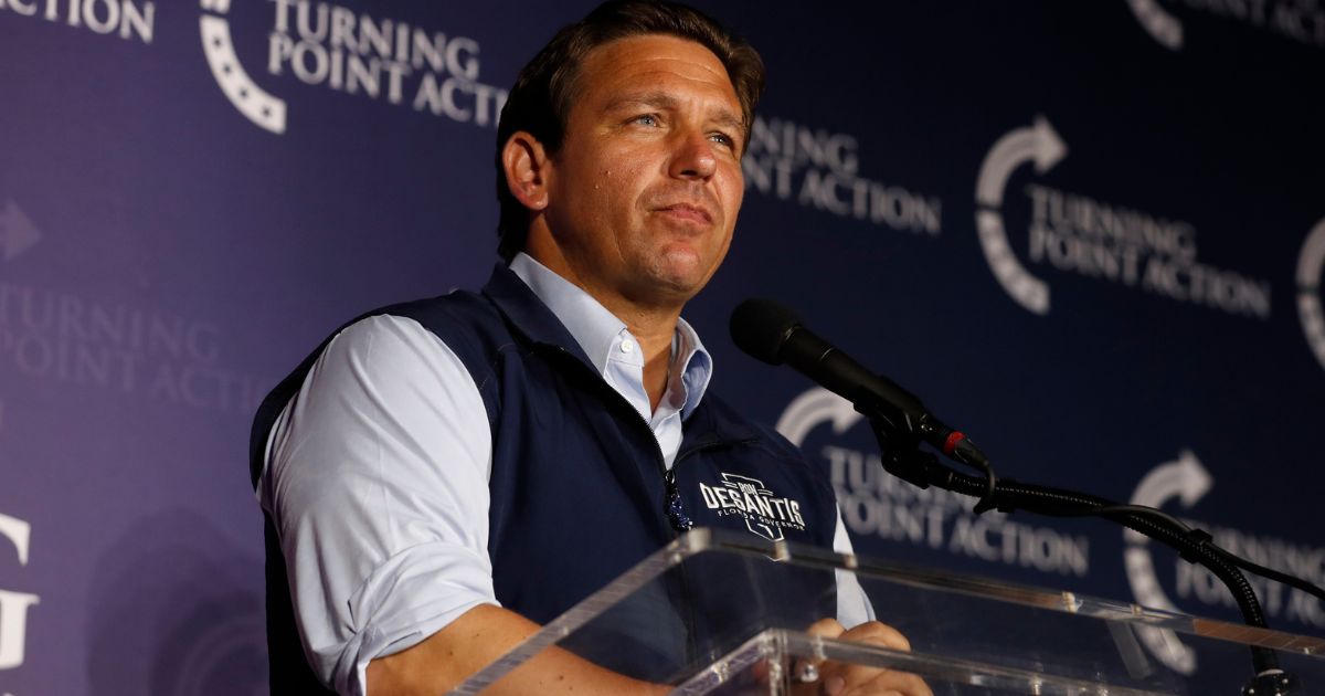 Florida GOP Gov. Ron DeSantis gives a campaign speech during the Unite & Win Rally at the OCC Roadhouse & Museum in Clearwater, Florida, on Saturday.