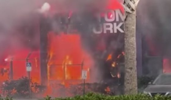 Flames engulf a Phantom Fireworks store in West Melbourne, Florida. The store was destroyed by fire after a vehicle crashed into the building Monday.