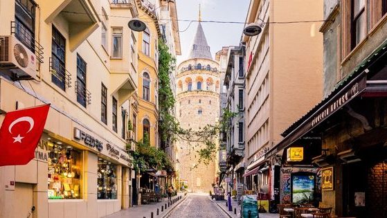 A street in Istanbul, Turkey, leads to the Galata Tower.
