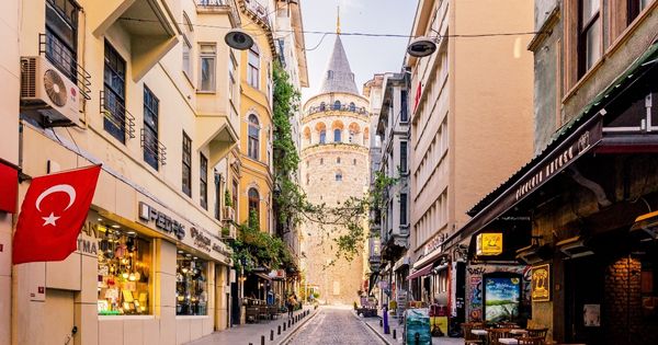 A street in Istanbul, Turkey, leads to the Galata Tower.