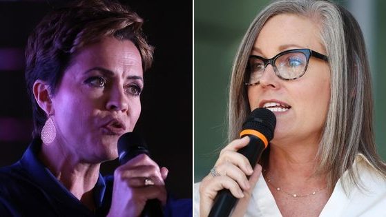 Republican Kari Lake, left, is battling Democrat Katie Hobbs, right, in Arizona's gubernatorial race. After being plagued with voting machine issues, the state finally released the number of ballots that were affected by the problem.