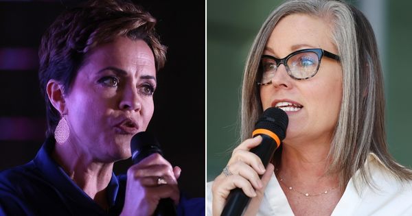 Republican Kari Lake, left, is battling Democrat Katie Hobbs, right, in Arizona's gubernatorial race. After being plagued with voting machine issues, the state finally released the number of ballots that were affected by the problem.