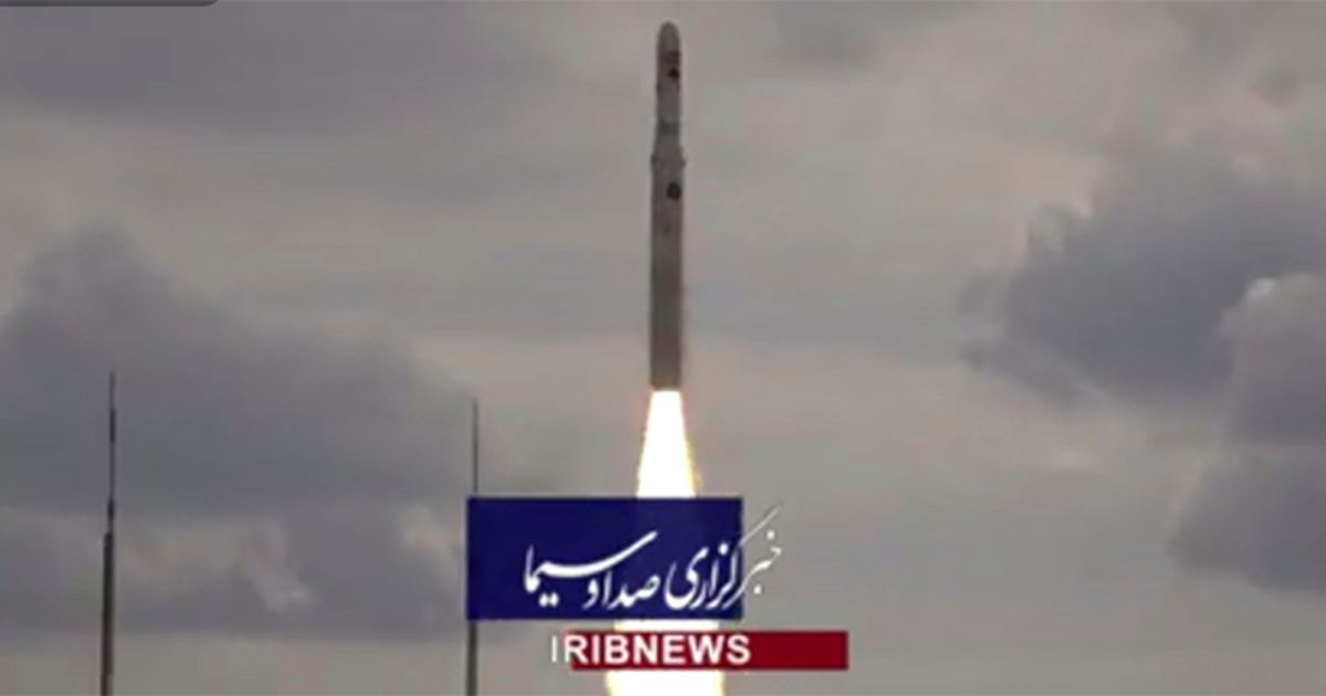 This image taken from video footage aired by Iranian state television on Saturday shows the launch of a satellite carrier rocket by Iran’s Revolutionary Guard from an undisclosed desert location.