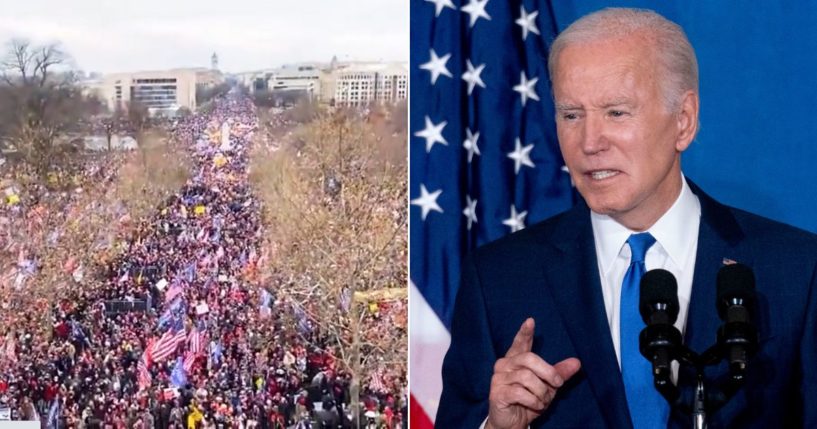 At left, protesters gather outside the U.S. Capitol on Jan. 6, 2021. At right, President Joe Biden speaks about "threats to democracy" at the Columbus Club in Washington on Wednesday.