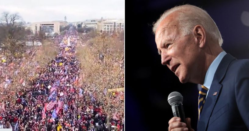 At left, protesters gather outside the U.S. Capitol on Jan. 6, 2021. At right, President Joe Biden speaks in 2019.