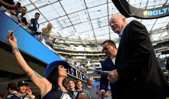 Owner Jerry Jones of the Dallas Cowboys greets fans before a preseason game against the Los Angeles Chargers at SoFi Stadium on August 20, 2022 in Inglewood, California.