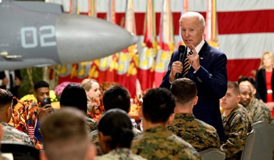 President Joe Biden speaks to members of the military and their families during a "Friendsgiving" celebration at the Marine Corps Air Station in Cherry Point, North Carolina, on Monday.