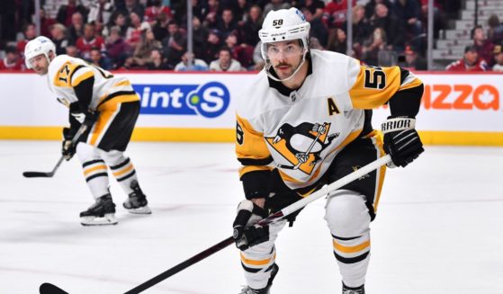 Kris Letang of the Pittsburgh Penguins skates against the Montreal Canadiens at Centre Bell on Nov. 12 in Montreal, Canada.