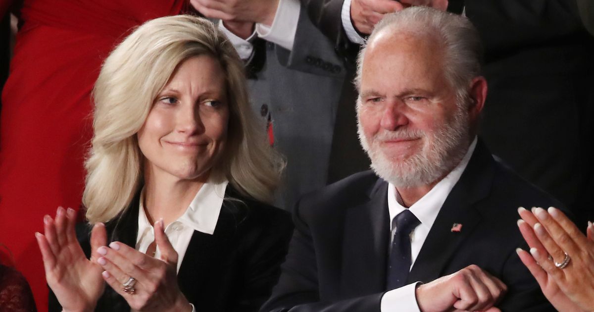 Kathryn Limbaugh looks at her husband, radio personality Rush Limbaugh, after he received the Presidential Medal of Freedom during then-President Donald Trump's State of the Union address in the chamber of the U.S. House of Representatives in Washington on Feb. 4, 2020.
