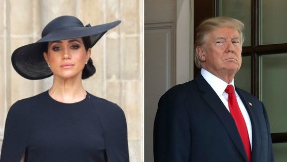 Based on a new poll, Meghan, Duchess of Sussex, left, is a preferred candidate for the left in the 2024 presidential election, where she would likely face former President Donald Trump, right.