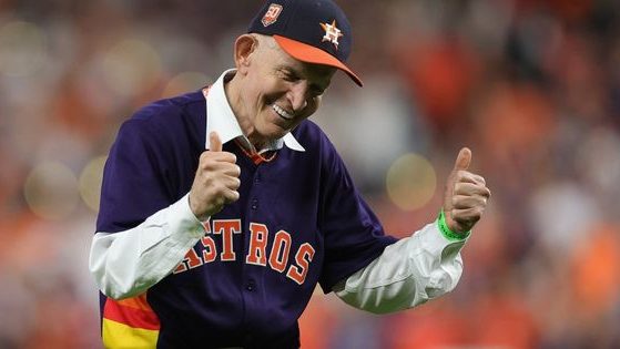 Jim McIngvale, known throughout Texas as "Mattress Mack," threw out the first pitch of the World Series Game 6 between the Houston Astros and the Philadelphia Phillies in Houston, Texas, on Saturday.