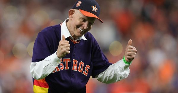 Jim McIngvale, known throughout Texas as "Mattress Mack," threw out the first pitch of the World Series Game 6 between the Houston Astros and the Philadelphia Phillies in Houston, Texas, on Saturday.