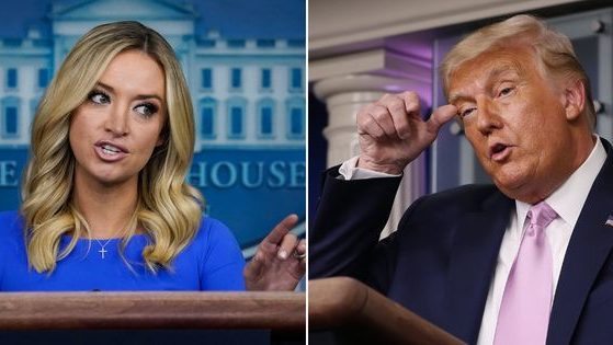 Former White House press secretary Kayleigh McEnany, left, spoke about the future of the Republican Party on Fox News "Outnumbered," implying that former President Donald Trump, right, needs to avoid any 2024 presidential announcement.