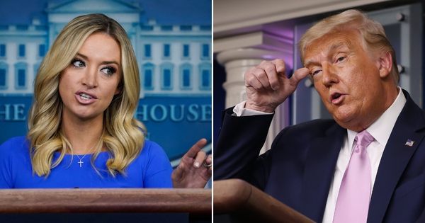 Former White House press secretary Kayleigh McEnany, left, spoke about the future of the Republican Party on Fox News "Outnumbered," implying that former President Donald Trump, right, needs to avoid any 2024 presidential announcement.