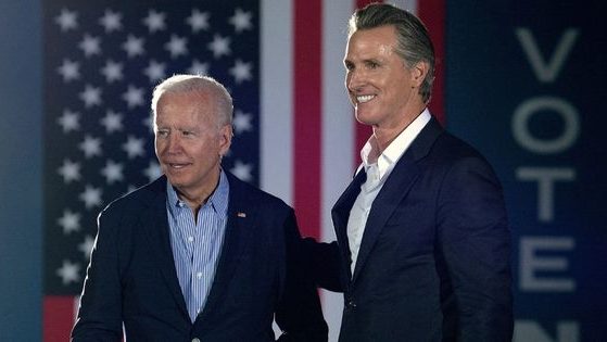 President Joe Biden, left, and California Democratic Gov. Gavin Newsom, right, stand together during a capaign event in Long Beach, California, on Sept. 13, 2021.
