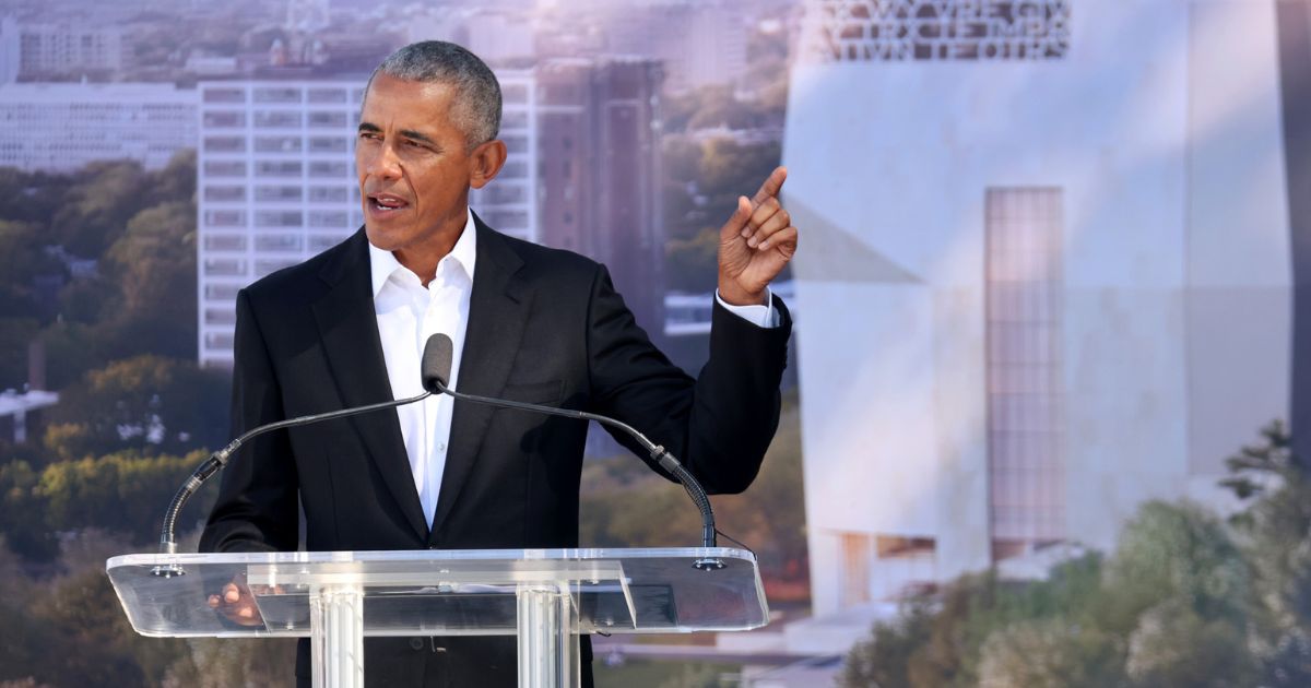 Former President Barack Obama participates in a ceremonial groundbreaking at the Obama Presidential Center in Chicago's Jackson Park on Sept. 28, 2021.