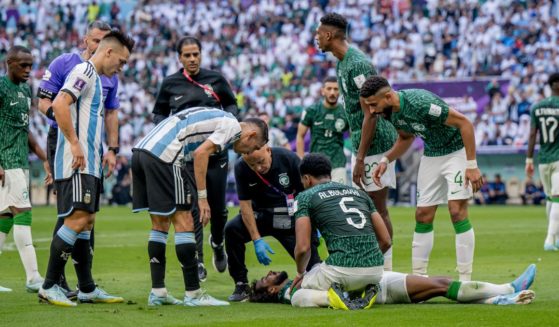 Yasser Al-Shahrani of Saudia Arabia lies injured on the ground during the FIFA World Cup Qatar 2022 Group C match between Argentina and Saudi Arabia at Lusail Stadium in Lusail City, Qatar, on Tuesday.