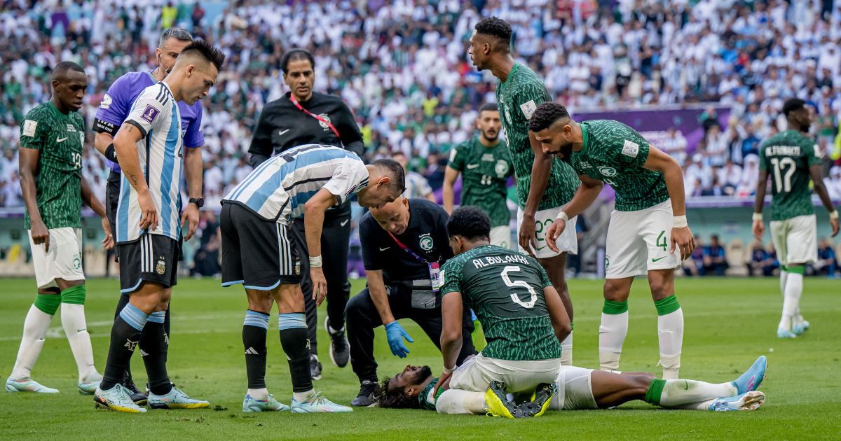 Yasser Al-Shahrani of Saudia Arabia lies injured on the ground during the FIFA World Cup Qatar 2022 Group C match between Argentina and Saudi Arabia at Lusail Stadium in Lusail City, Qatar, on Tuesday.
