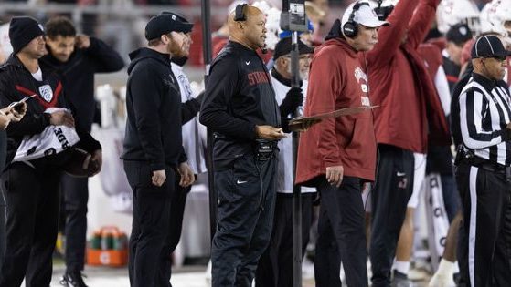 Stanford Head Coach David Shaw, center, watches the action against BYU during their Saturday game in Palo Alto, California.