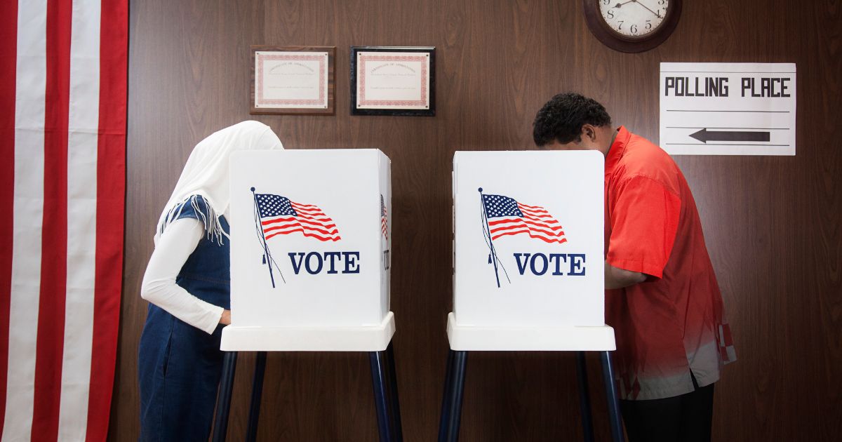 People are voting at voting booths in this stock photo.