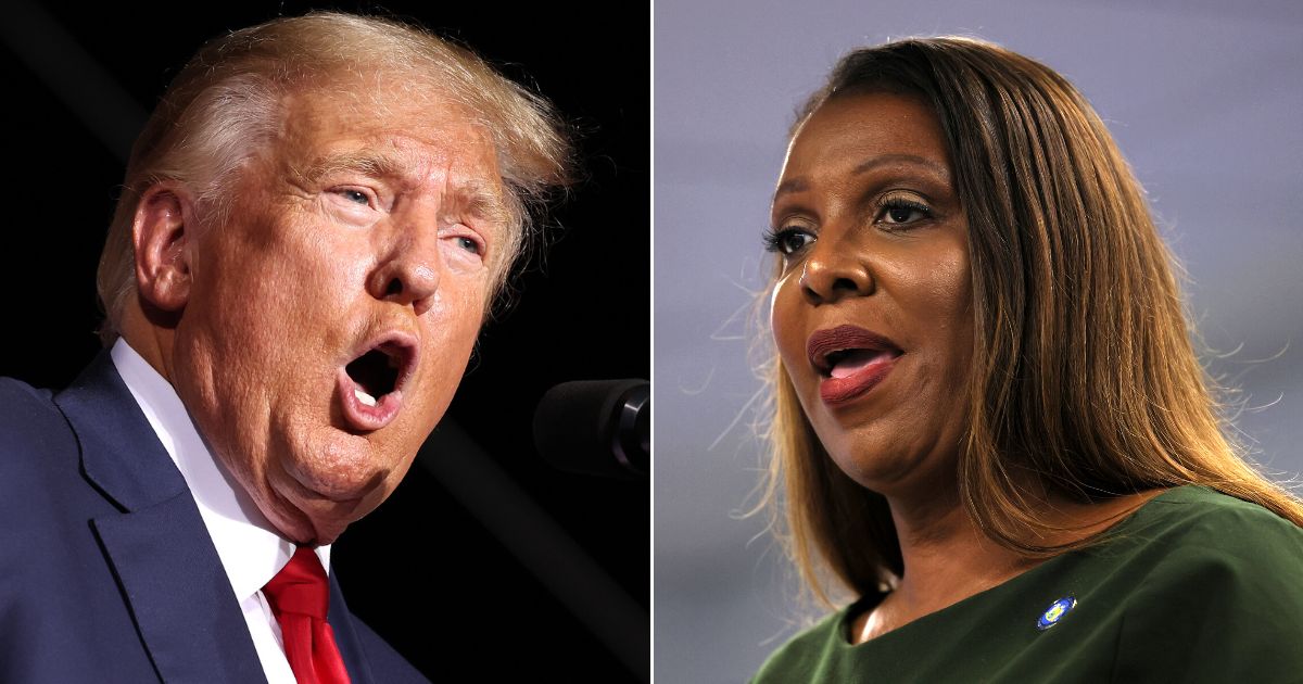 New York Attorney General Letitia James, right, speaks during a news conference at her office in New York on Sept. 21 as she announced her lawsuit against former President Donald Trump, left.