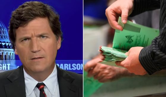 Fox News host Tucker Carlson, left, has questions about slow vote counting in places like Maricopa County, Arizona, where workers are seen at right sorting early ballots for signature verification prior to tabulation inside the Maricopa County Recorders Office in Phoenix on Tuesday.
