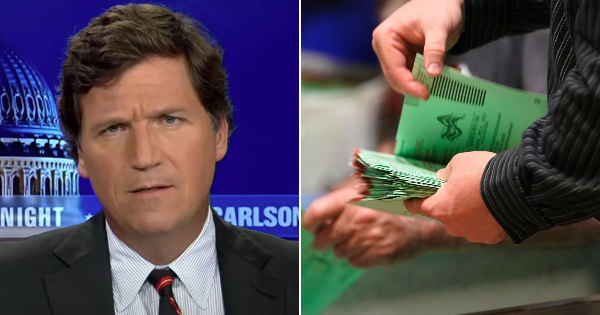 Fox News host Tucker Carlson, left, has questions about slow vote counting in places like Maricopa County, Arizona, where workers are seen at right sorting early ballots for signature verification prior to tabulation inside the Maricopa County Recorders Office in Phoenix on Tuesday.