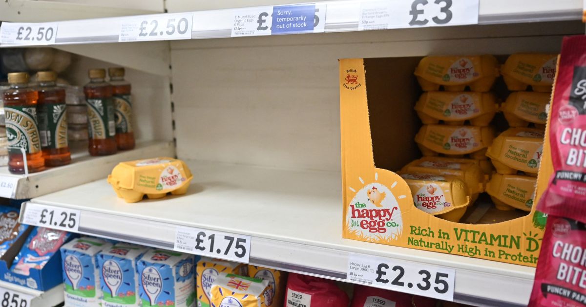 Only a handful of egg boxes remain on a supermarket shelf in London on Nov. 17. Some grocery store chains in the U.K. have started rationing eggs due to a shortage sparked by avian flu.