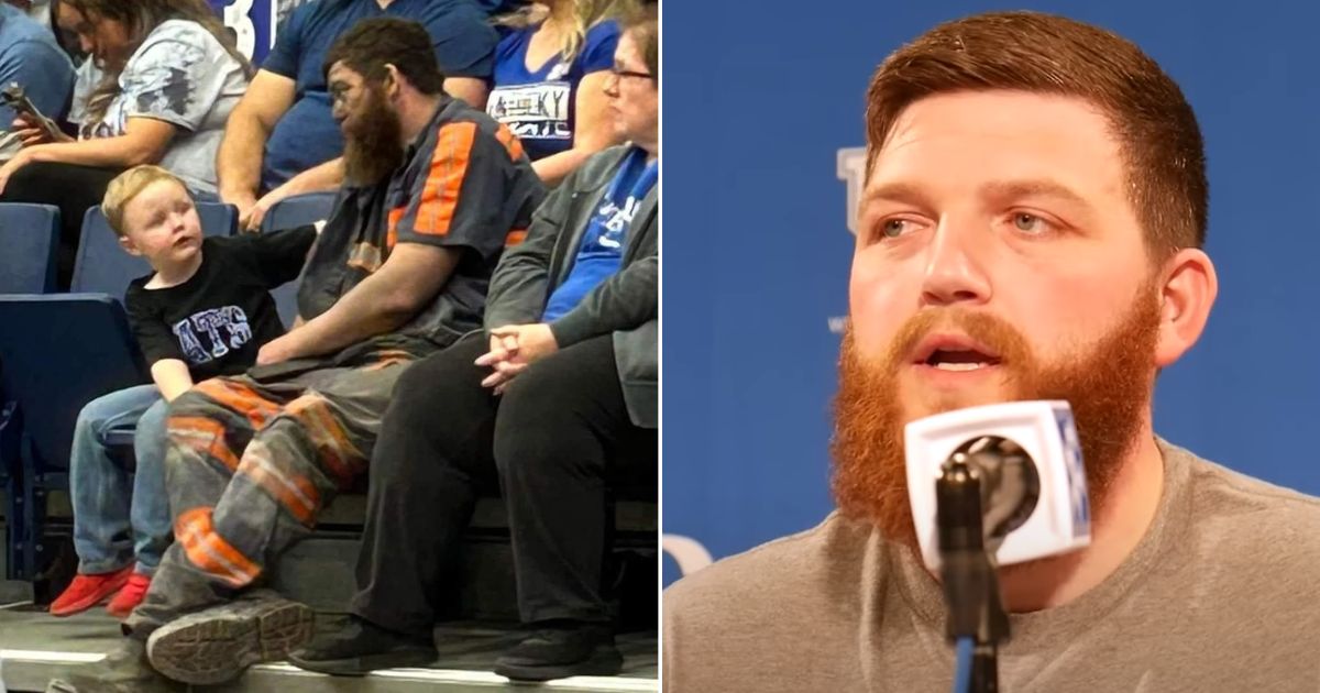 Coal miner Michael McGuire, who went viral for wearing his work clothes at a University of Kentucky men's basketball with his son game last month, left, spoke about his newfound fame during a news conference Friday in Lexington.